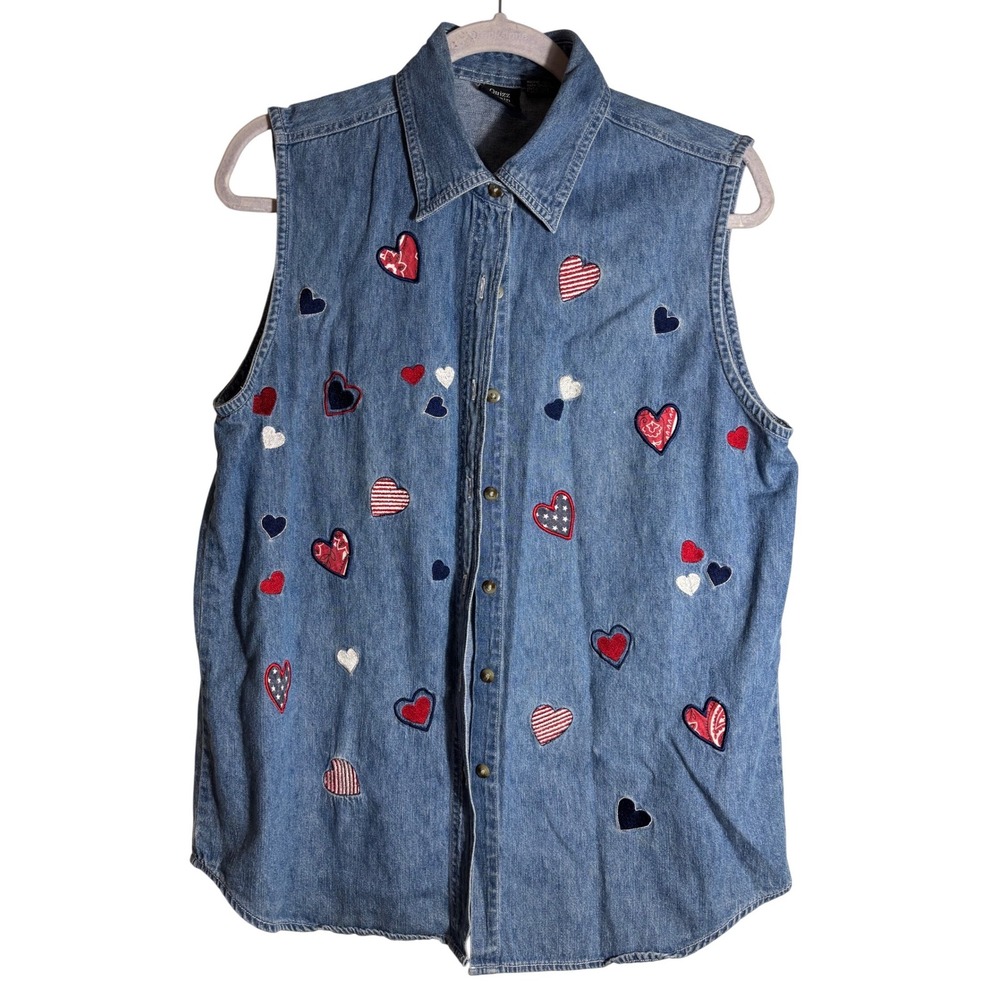VTG‎ Quizz Again Denim Button Down Vest Embroidered Heart Red White Blue Size L